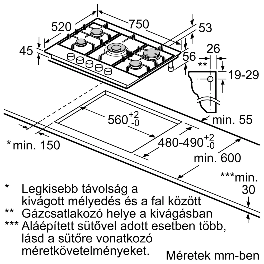 Beépített főzőlap diagramja méretekkel és magyar nyelvű szöveggel.