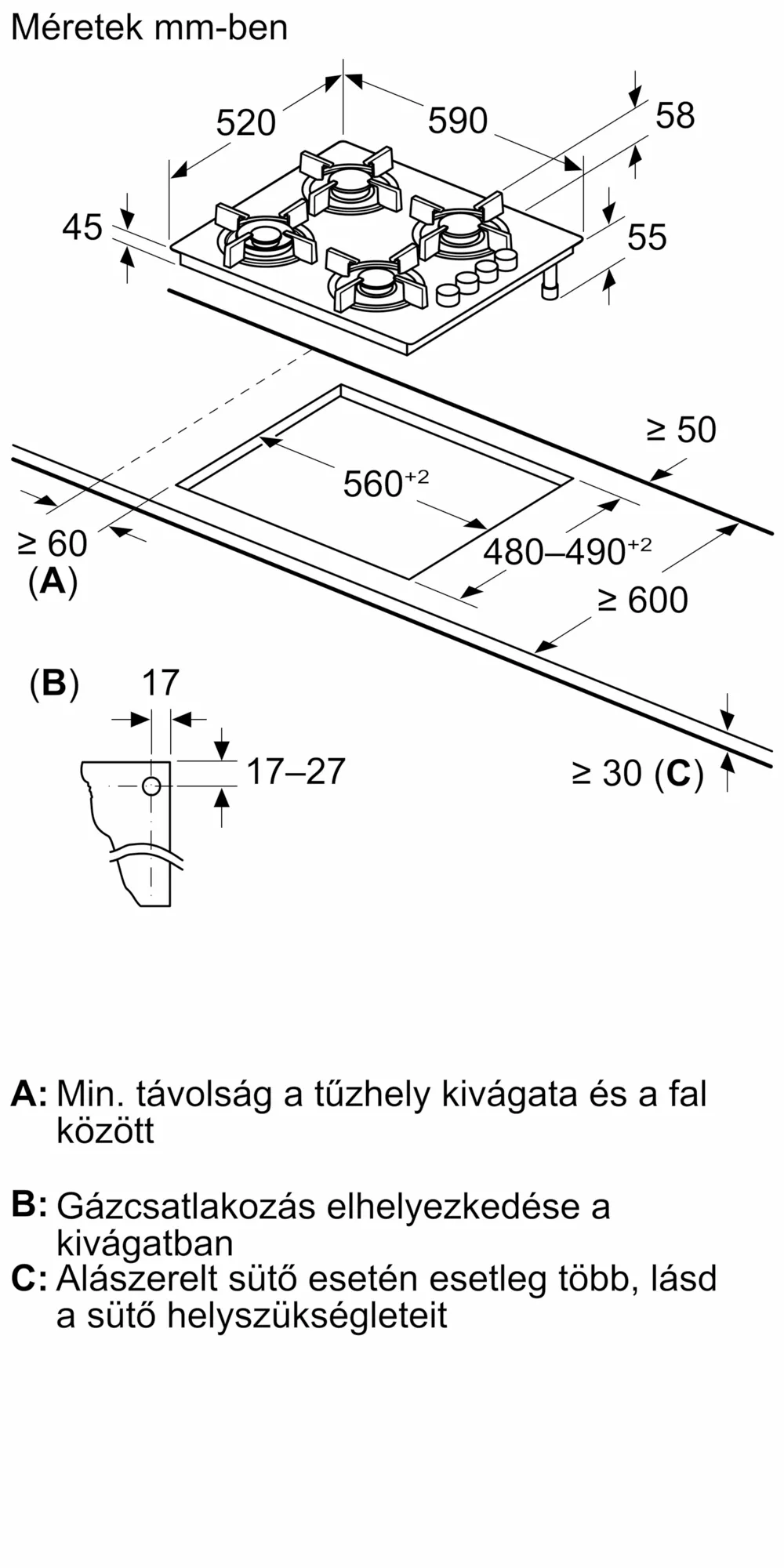 Főzőlap diagramja méretekkel és címkékkel.