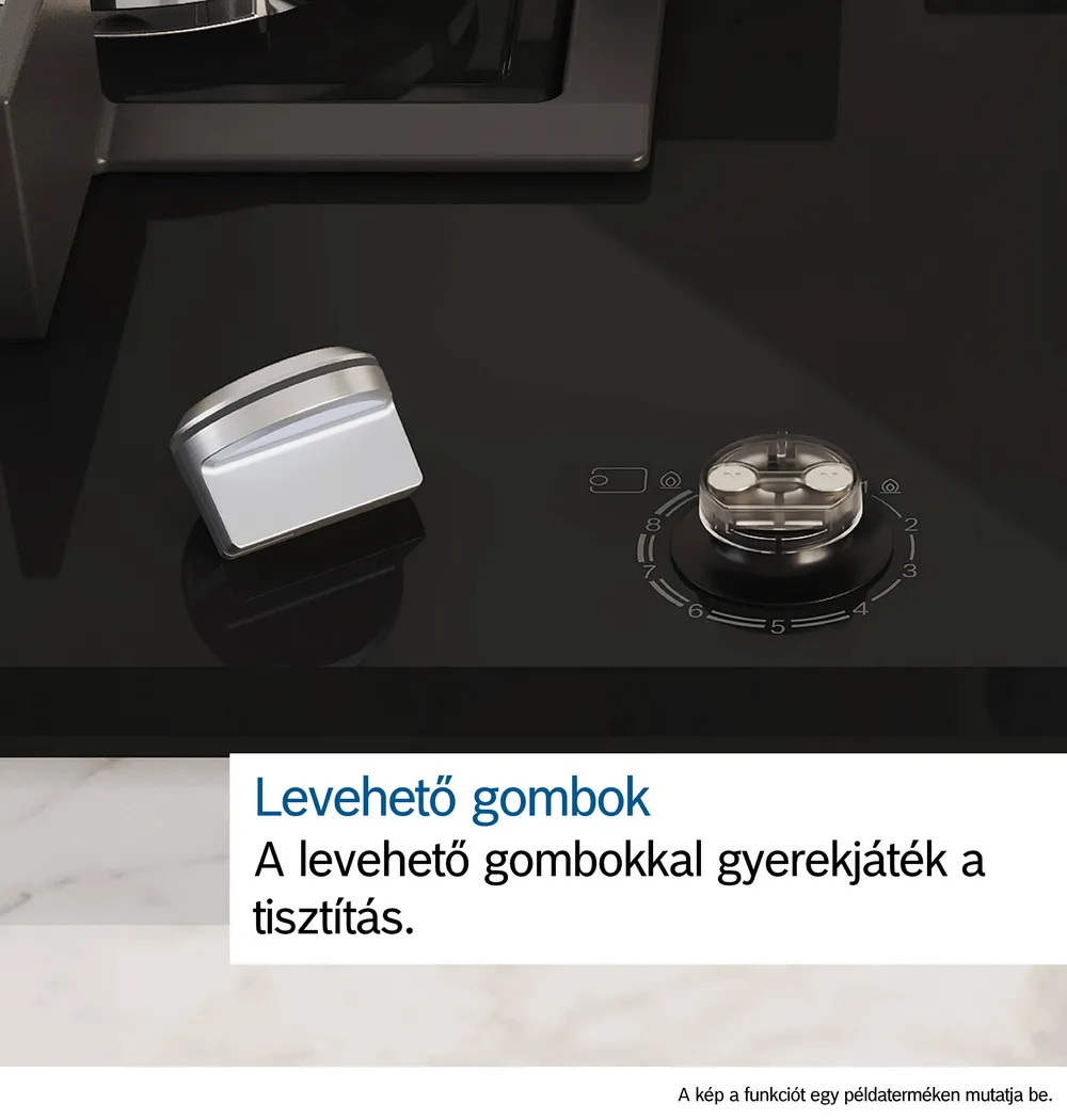Gáztűzhely gombok közeli képe, szöveggel az eltávolításról.