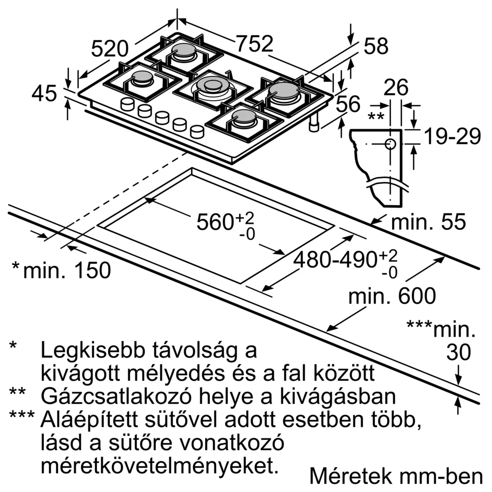 Beépített gáztűzhely diagramja méretekkel és feliratokkal, műszaki rajz.