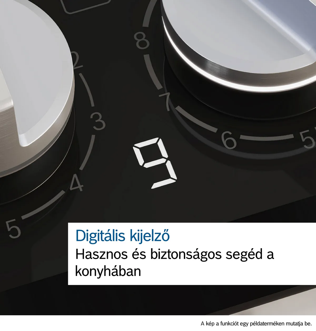 Közelkép egy főzőlapról, digitális kijelzővel, amely a 9-es számot mutatja.