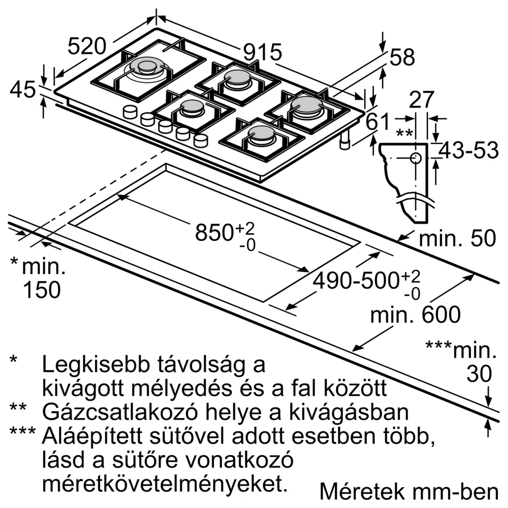 Gáztűzhely felülnézete méretekkel. Fekete felület égőkkel és vezérlőgombokkal.