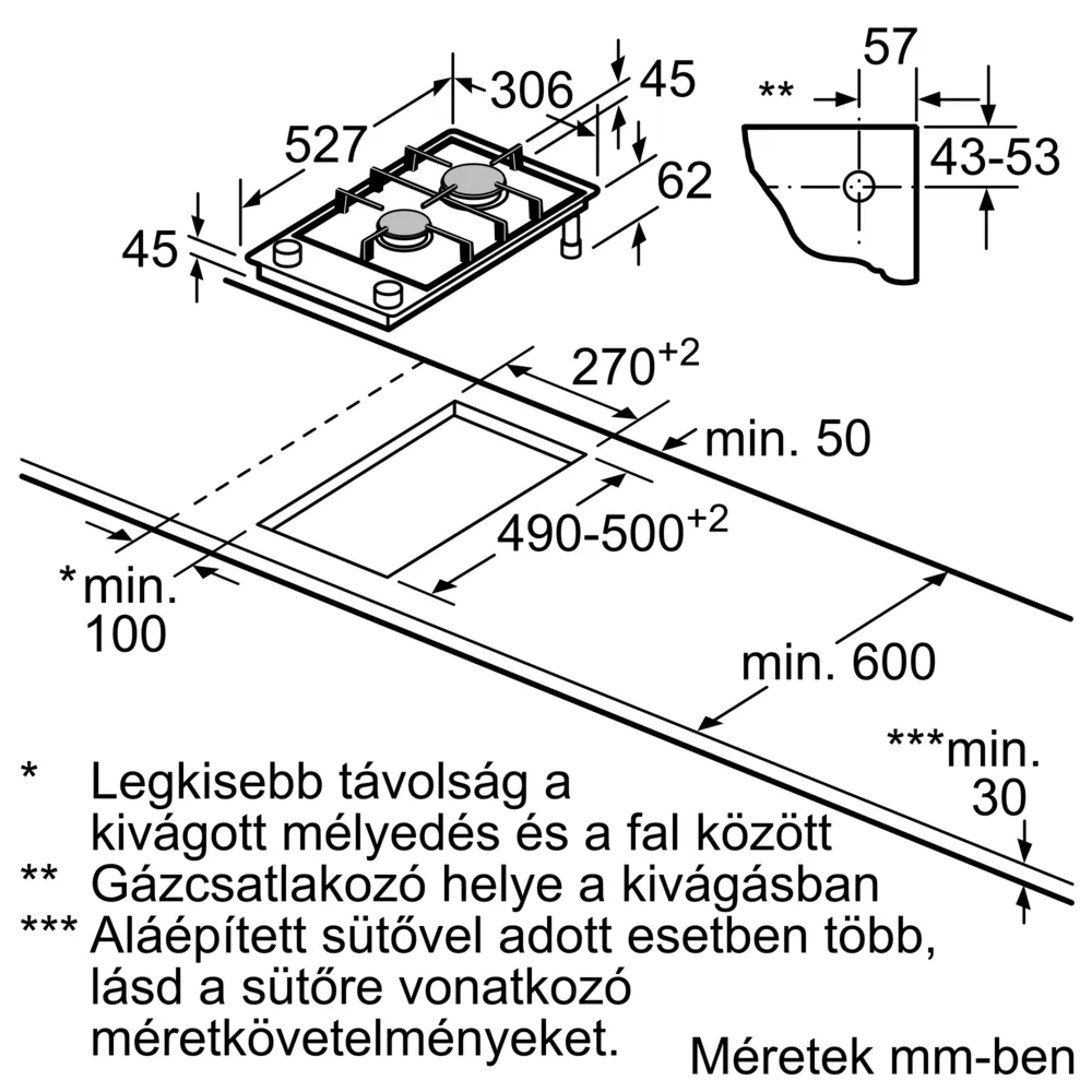 Főzőlap műszaki rajza, méretekkel és beépítési részletekkel.
