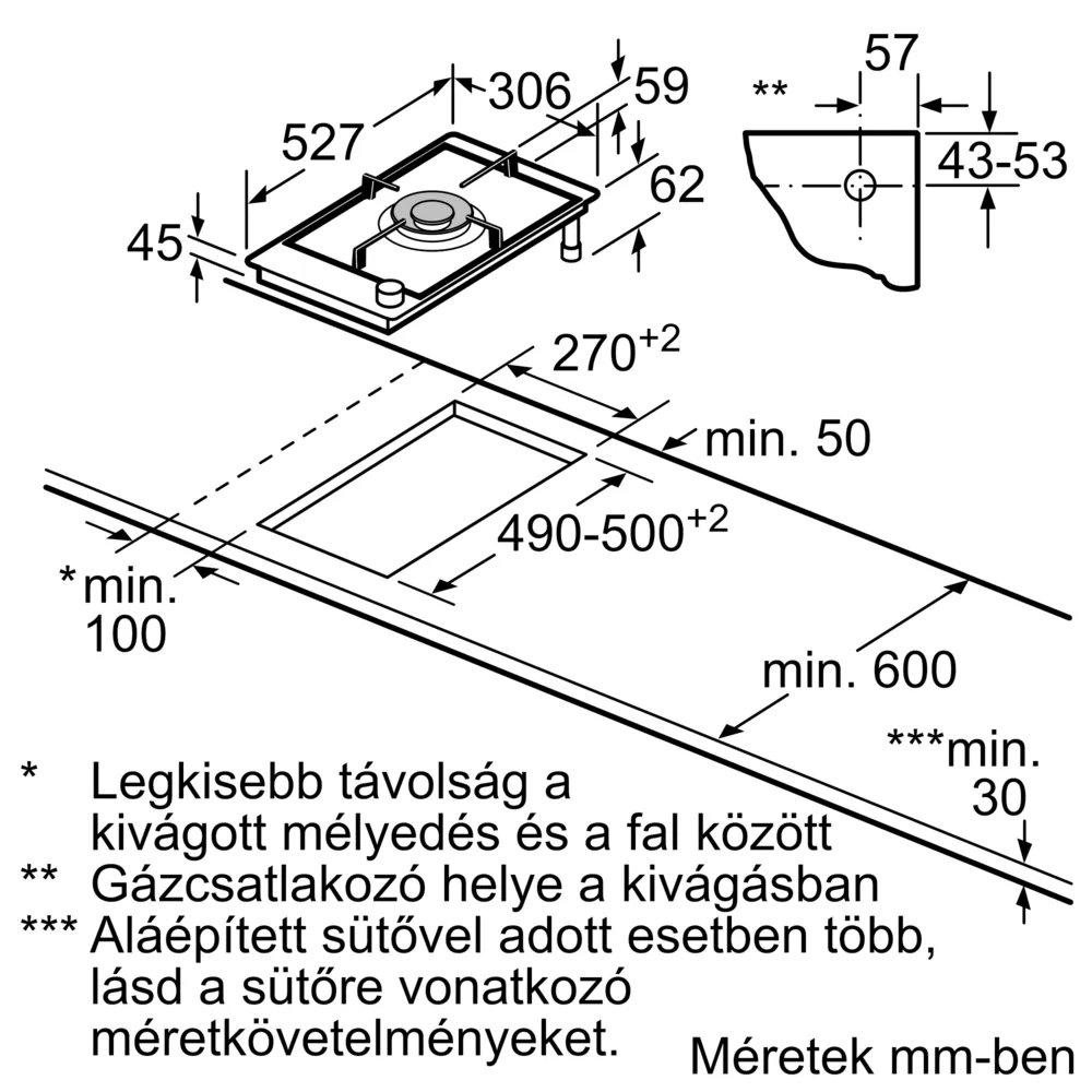 Egy diagram a beépített gáztűzhely beszerelésének méreteivel.
