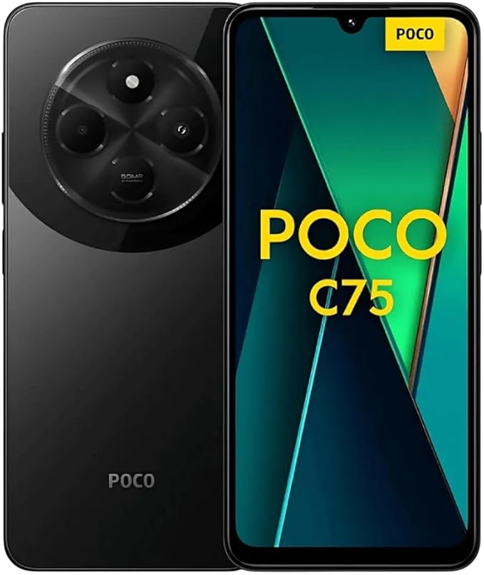 Smartphone POCO C75 negro con módulo de cámara y logo POCO sobre fondo blanco.