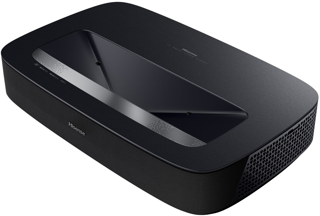 Czarny projektor Hisense o eleganckim designie.