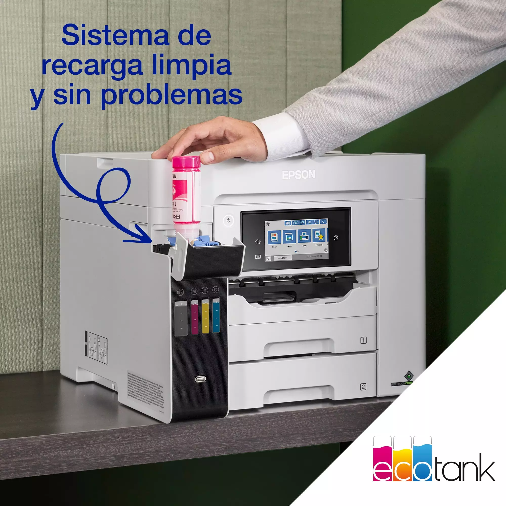 Una impresora Epson con una mano agregando tinta rosa, sistema de recarga limpia y el logotipo de Ecotank.
