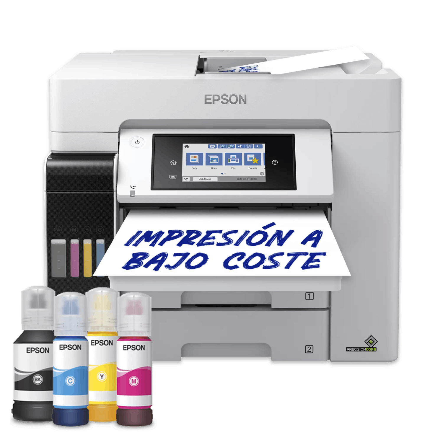 Impresora Epson blanca con botellas de tinta. La impresora tiene una pantalla y una bandeja de papel.