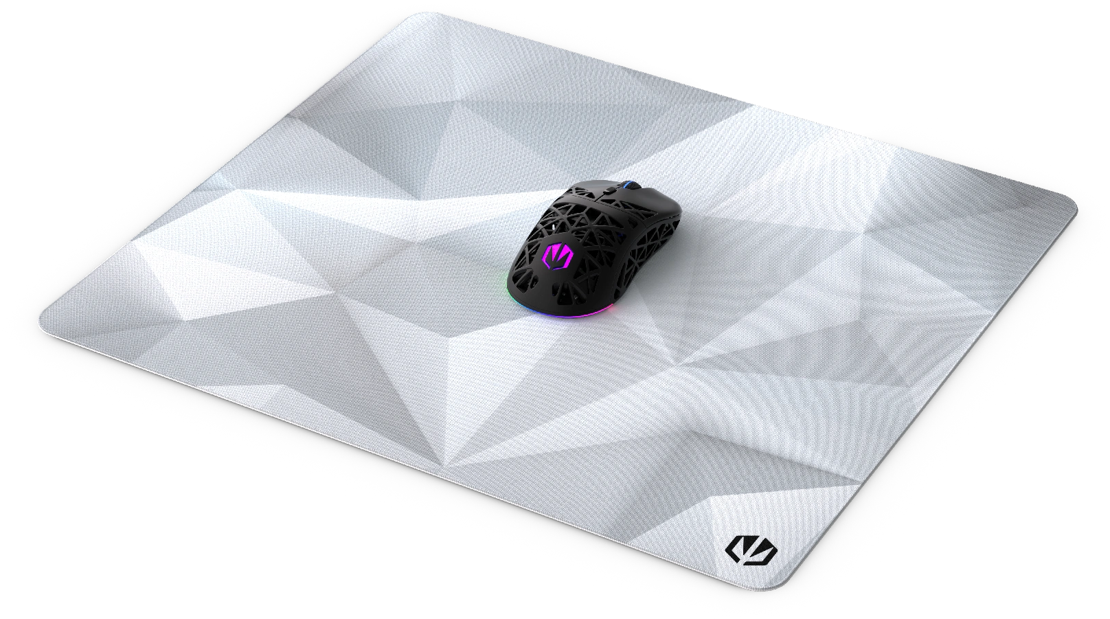 Fehér egérpad fekete egérrel. Geometrikus design a padon.
