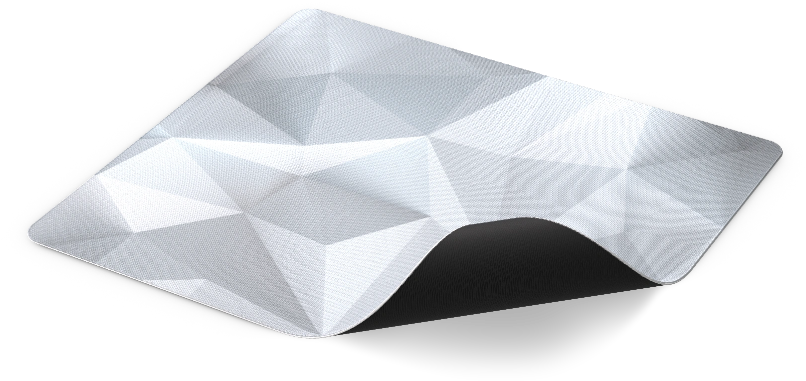 Fehér és szürke geometriai forma, fekete háttérrel. A forma egy szőnyeg vagy felület.