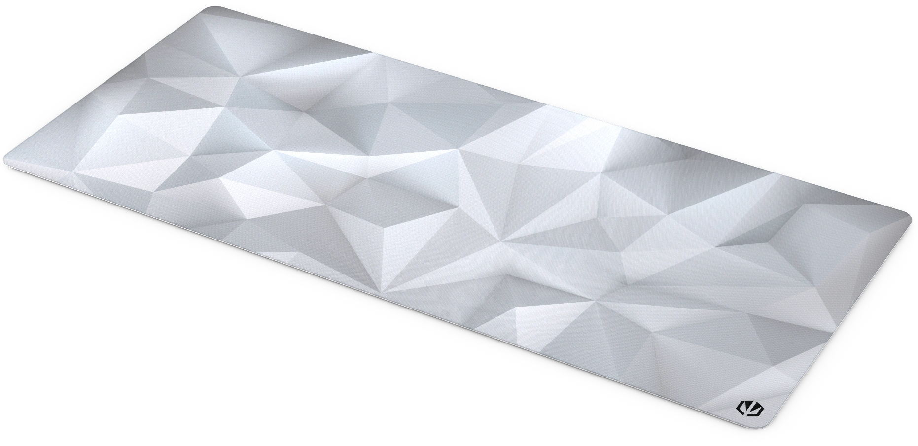 Egy fehér egérpad geometriai háromszögmintával, megvilágítva a minta megjelenítéséhez. Fekete háttér.