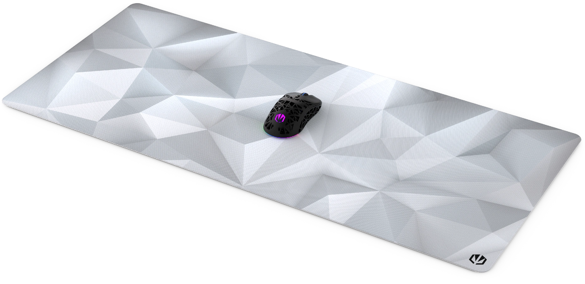 Fehér gaming egéralátét geometriai mintával, rajta egy fekete egérrel.
