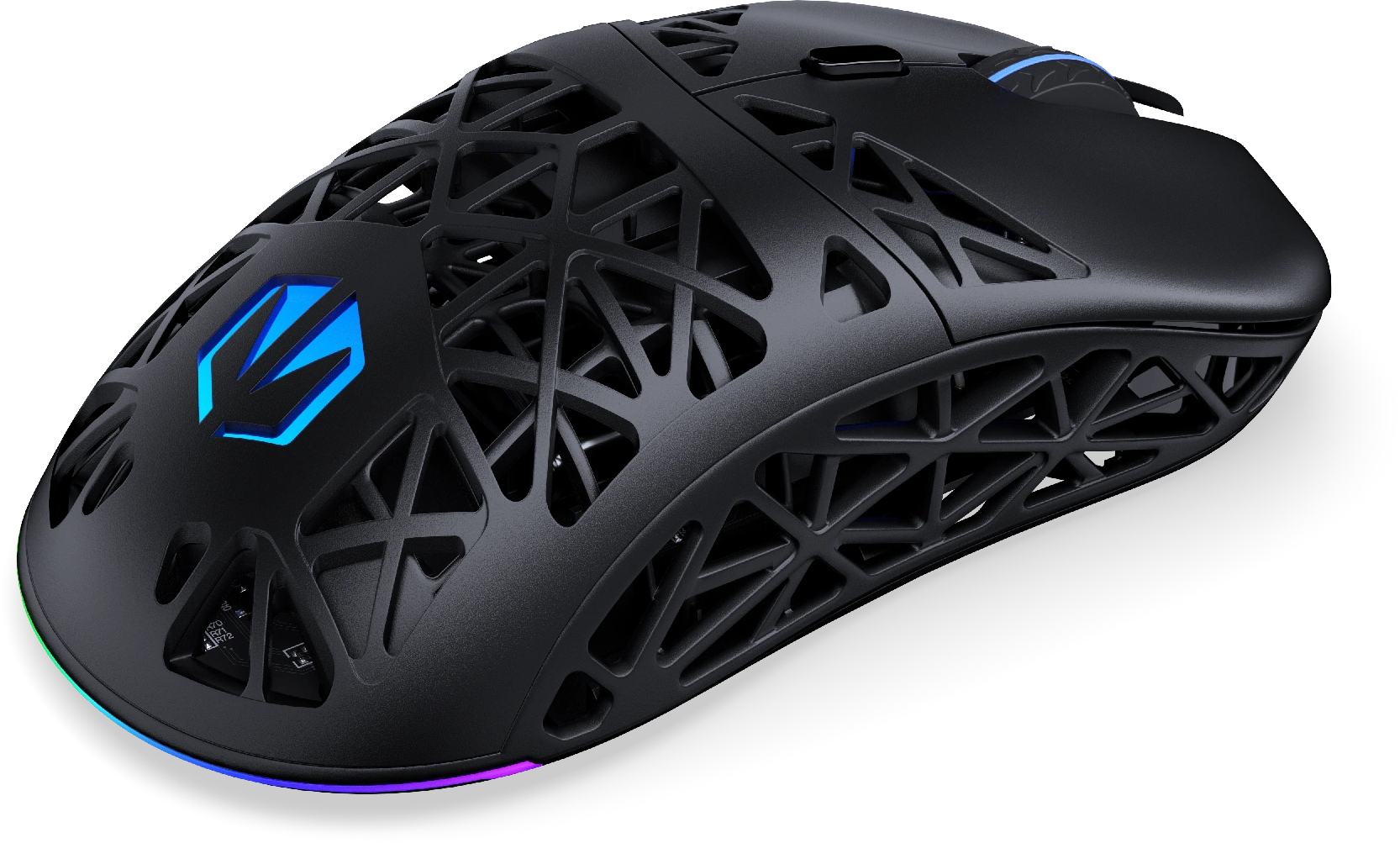 Fekete gamer egér méhsejtmintával, RGB világítással és oldalsó gombokkal.