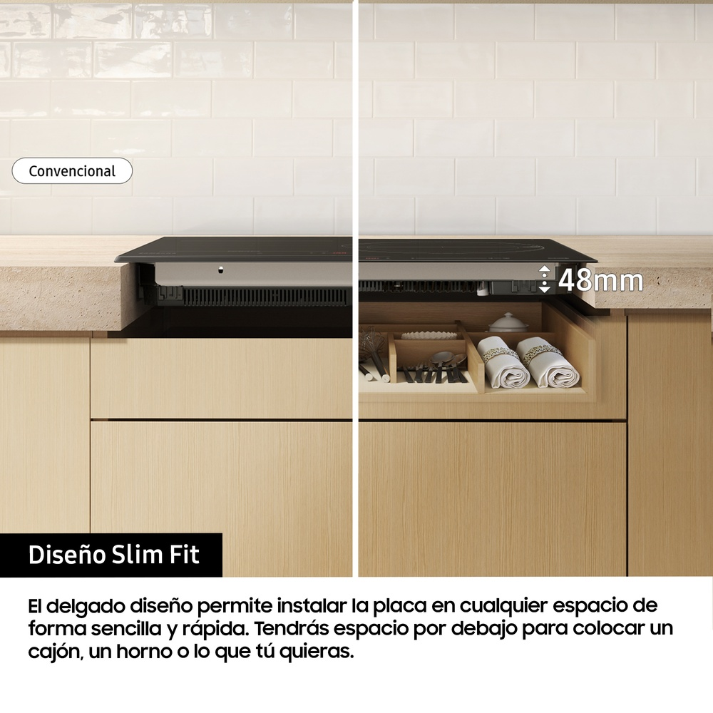 Encimera de cocina con placa de inducción y cajón con utensilios.