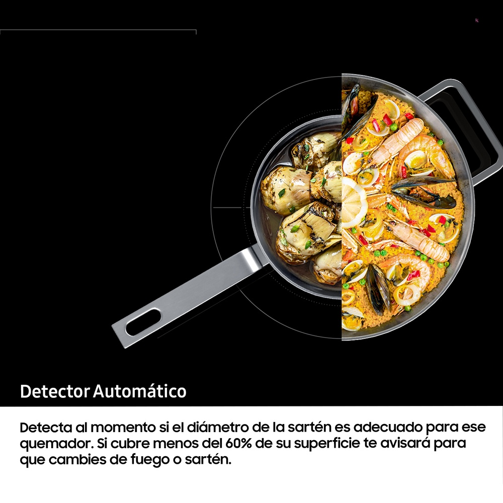 Una sartén con comida, a medio cocinar. El texto dice: Detector automático para la sartén.