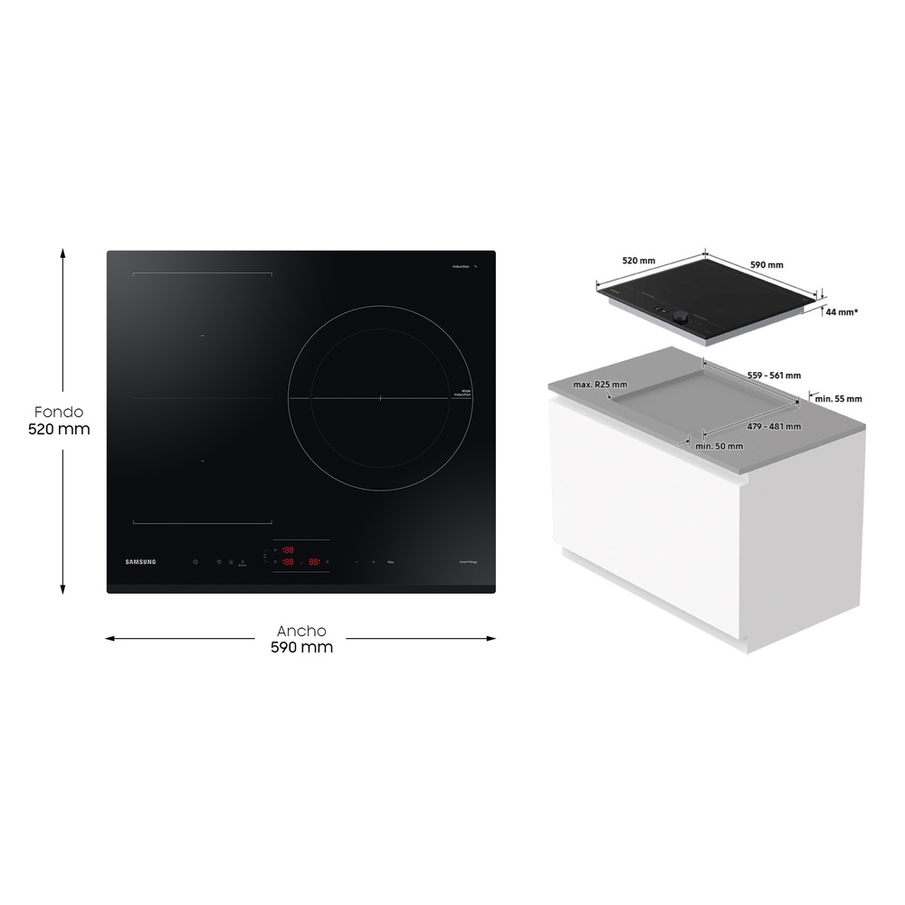 Placa de inducción negra con dimensiones. Vista superior con dimensiones de 520x590mm.