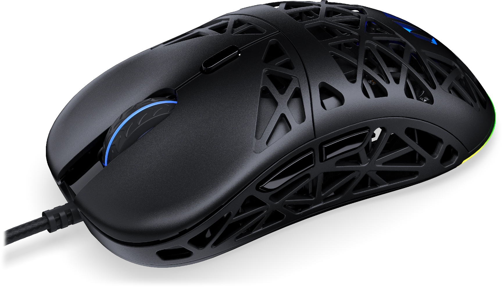 Fekete gamer egér méhsejtmintával és RGB világítással, kábellel.