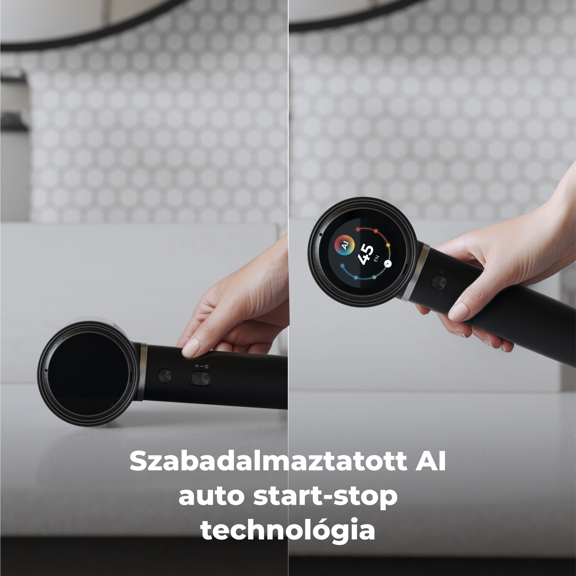 Személy fekete hajszárítót tart. A szárító digitális képernyőt mutat. Szöveg: AI auto start-stop technológia.