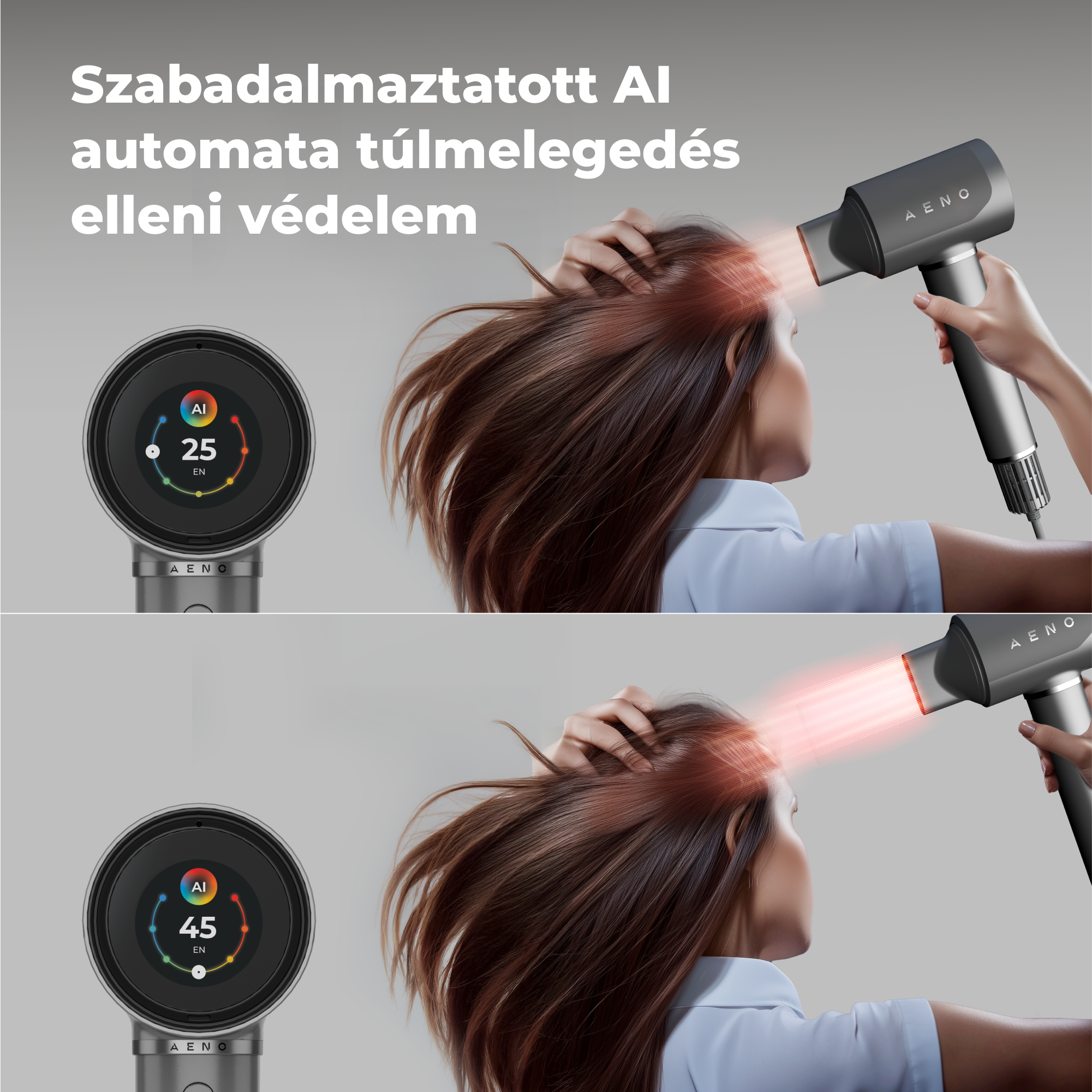 Nő hajszárítót használ, a kijelző 25 és 45 fokot mutat. Szöveg: AI automata túlmelegedés elleni védelem.