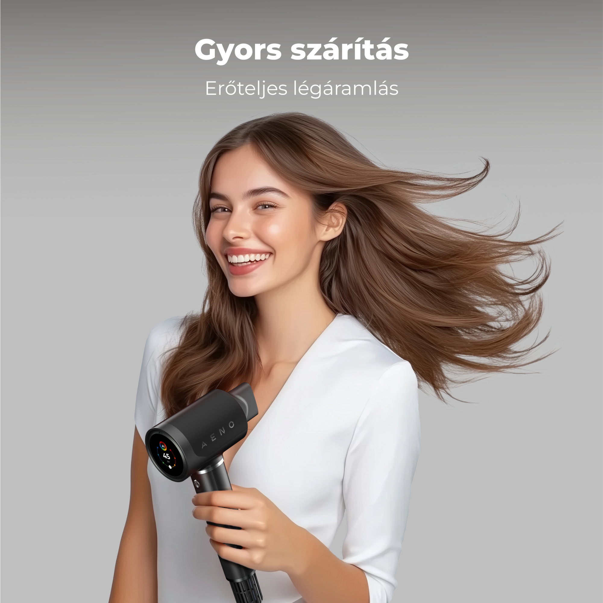 Nő fekete hajszárítóval szárítja haját, szöveg: Gyors szárítás, Erőteljes légáramlás.