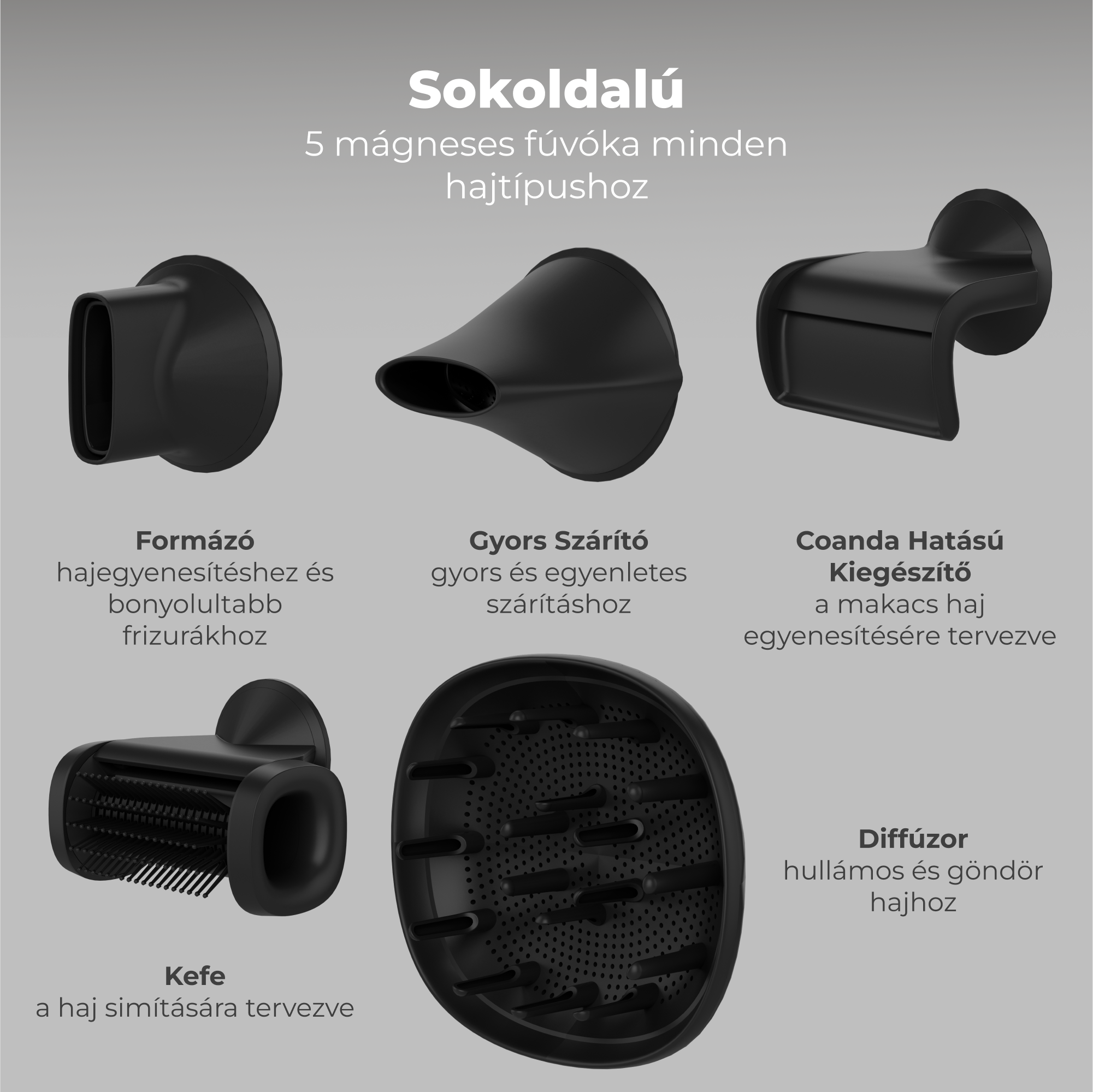 Öt fekete hajszárító tartozék szöveges leírásokkal.