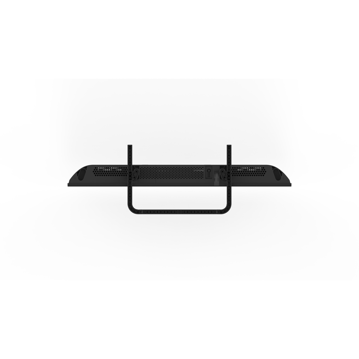 Black TV from the back with stand on a white background.