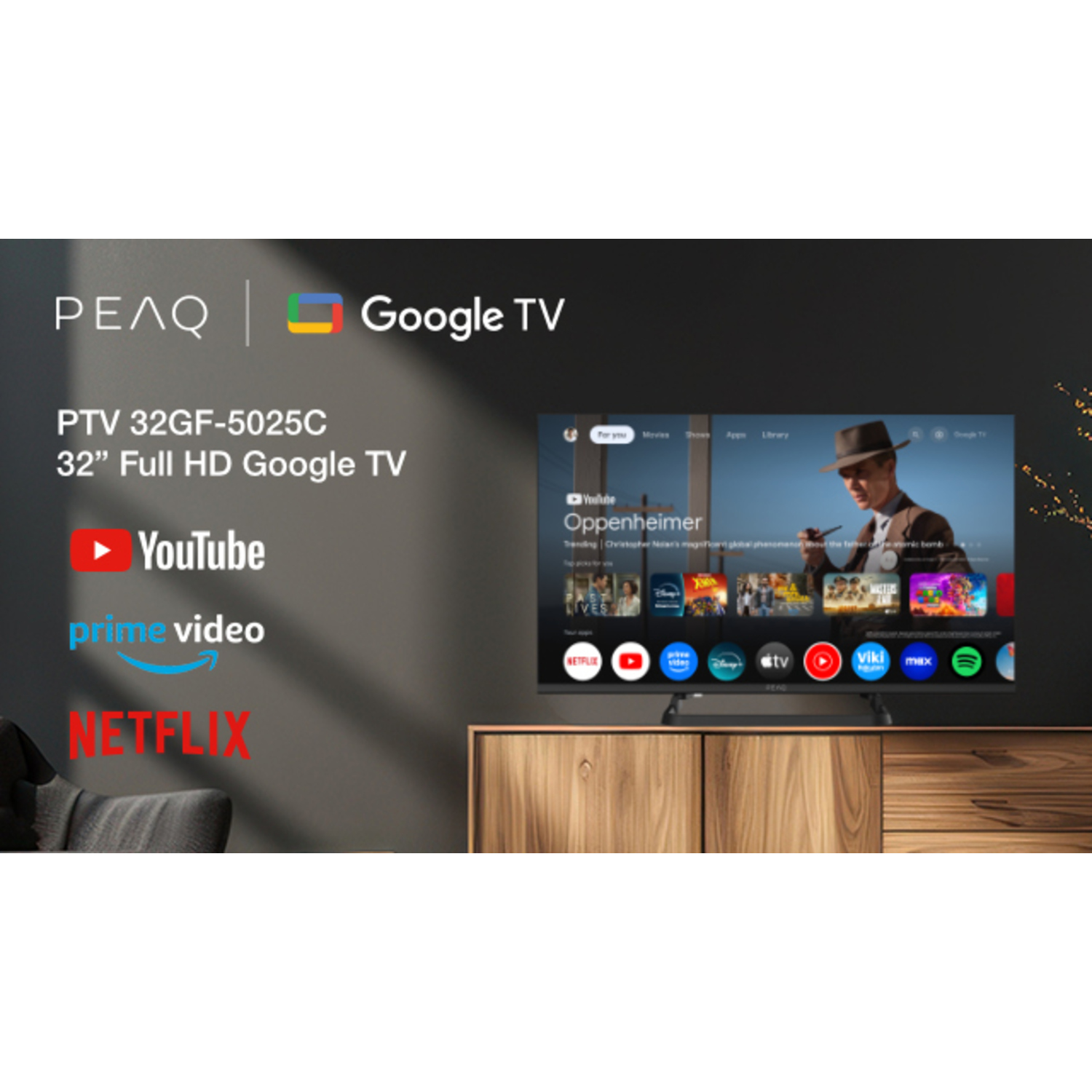 A TV displaying a movie, with streaming service logos below, on a wooden cabinet.