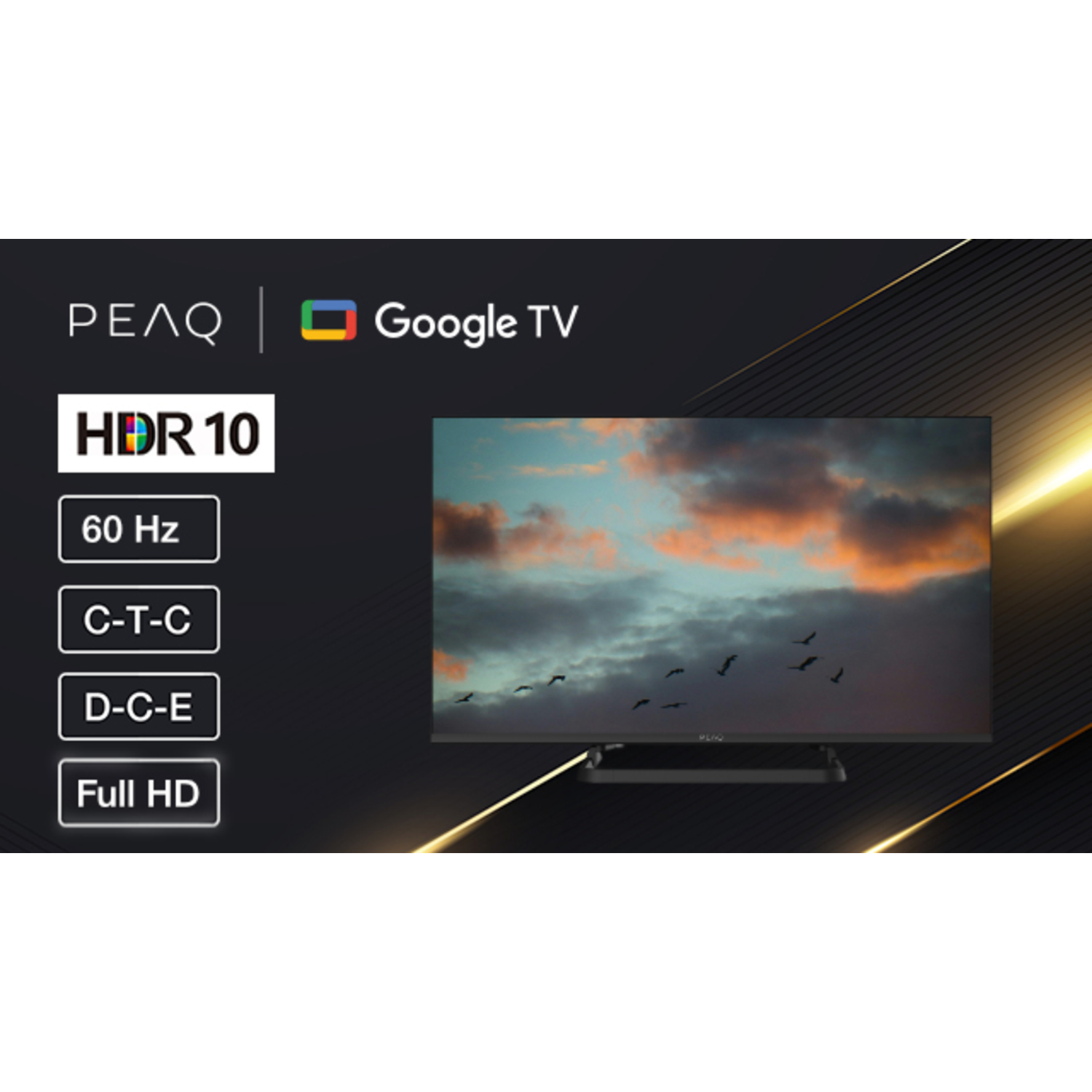 Television showing a sky with birds, HDR 10, Google TV logo.