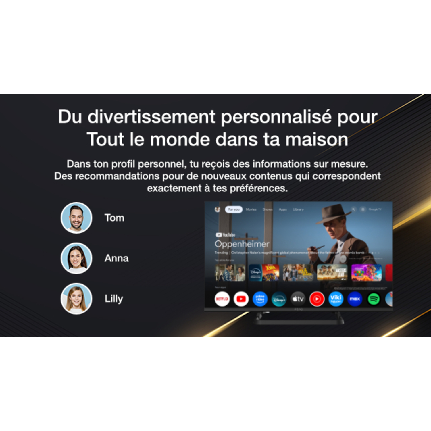 Écran de télévision affichant une interface média avec trois profils utilisateur.