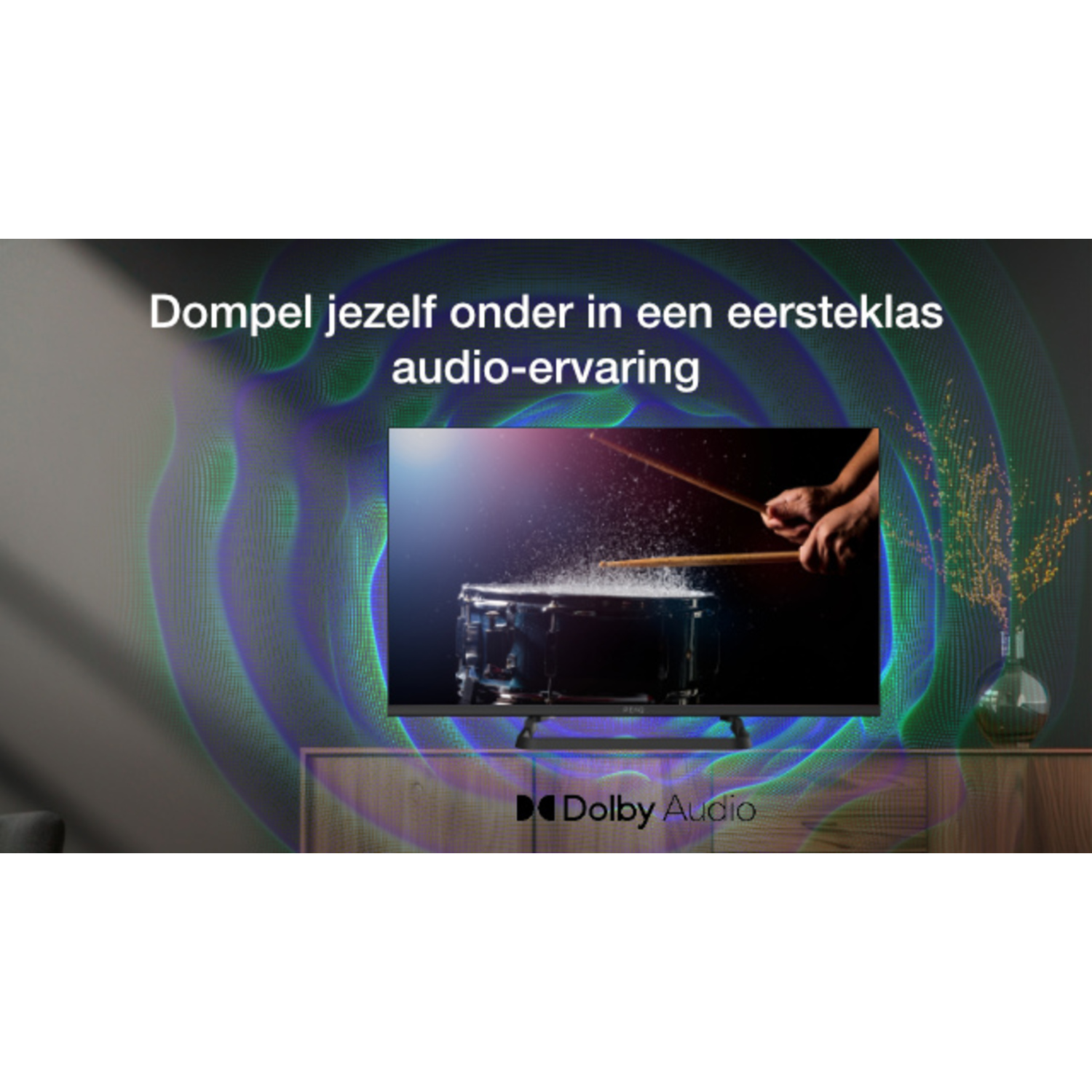 TV screen showing a drum set being played, with sound wave graphics in the background.