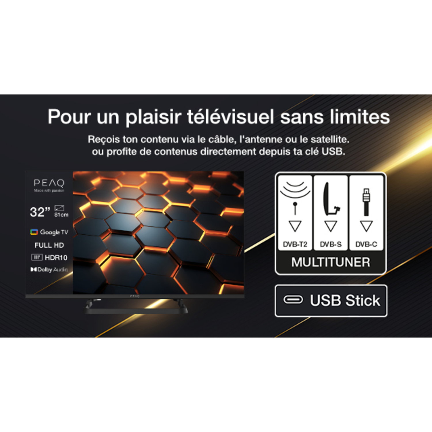 Un téléviseur avec du texte sur le visionnage de la télévision et des logos pour DVB-T2, DVB-S, DVB-C et USB.