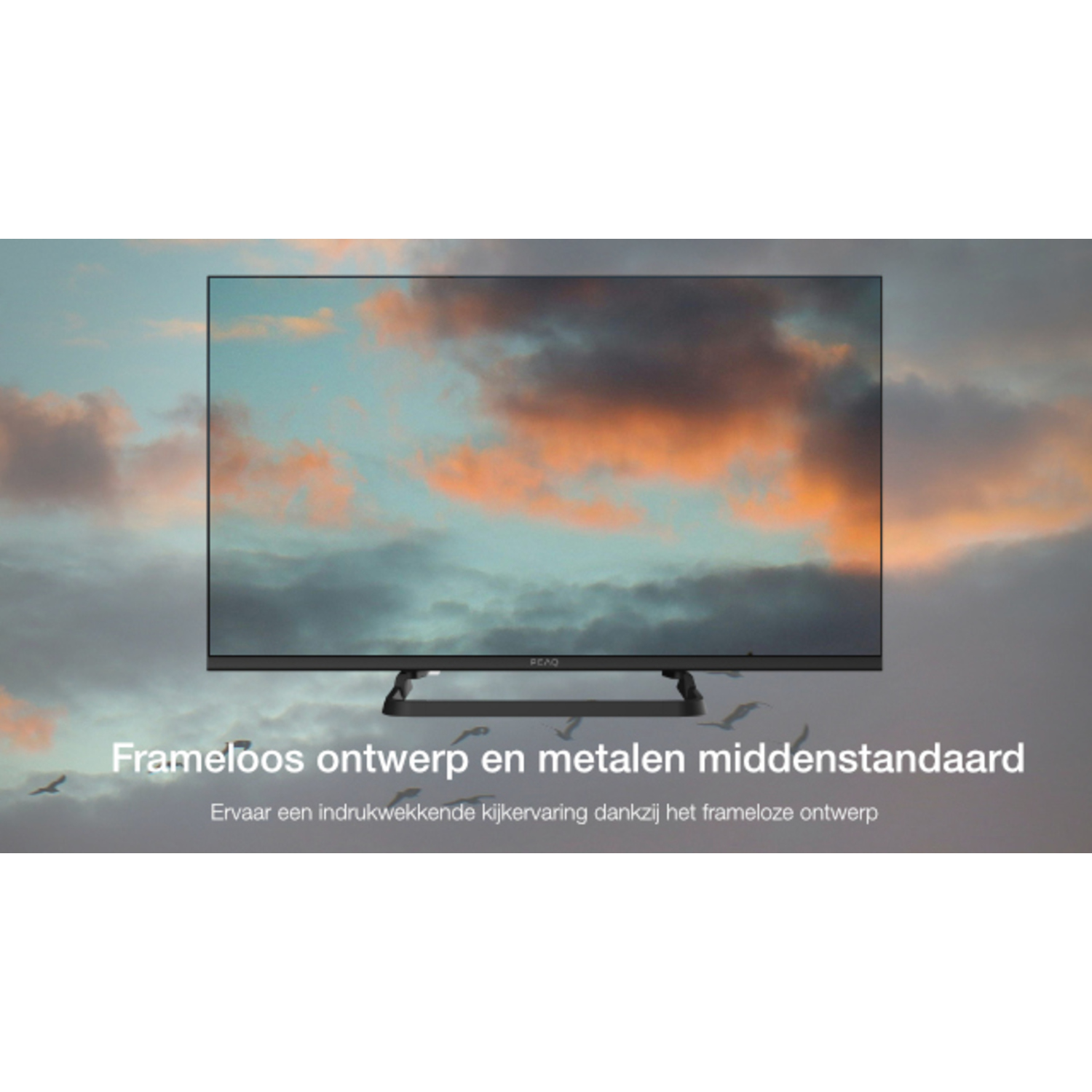 A flat screen TV on a stand with the word BEAQ on the front.