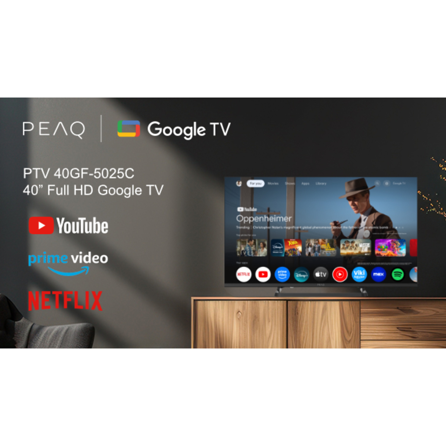Een tv-scherm met Google TV, Netflix, YouTube en andere apps, op een houten kast.