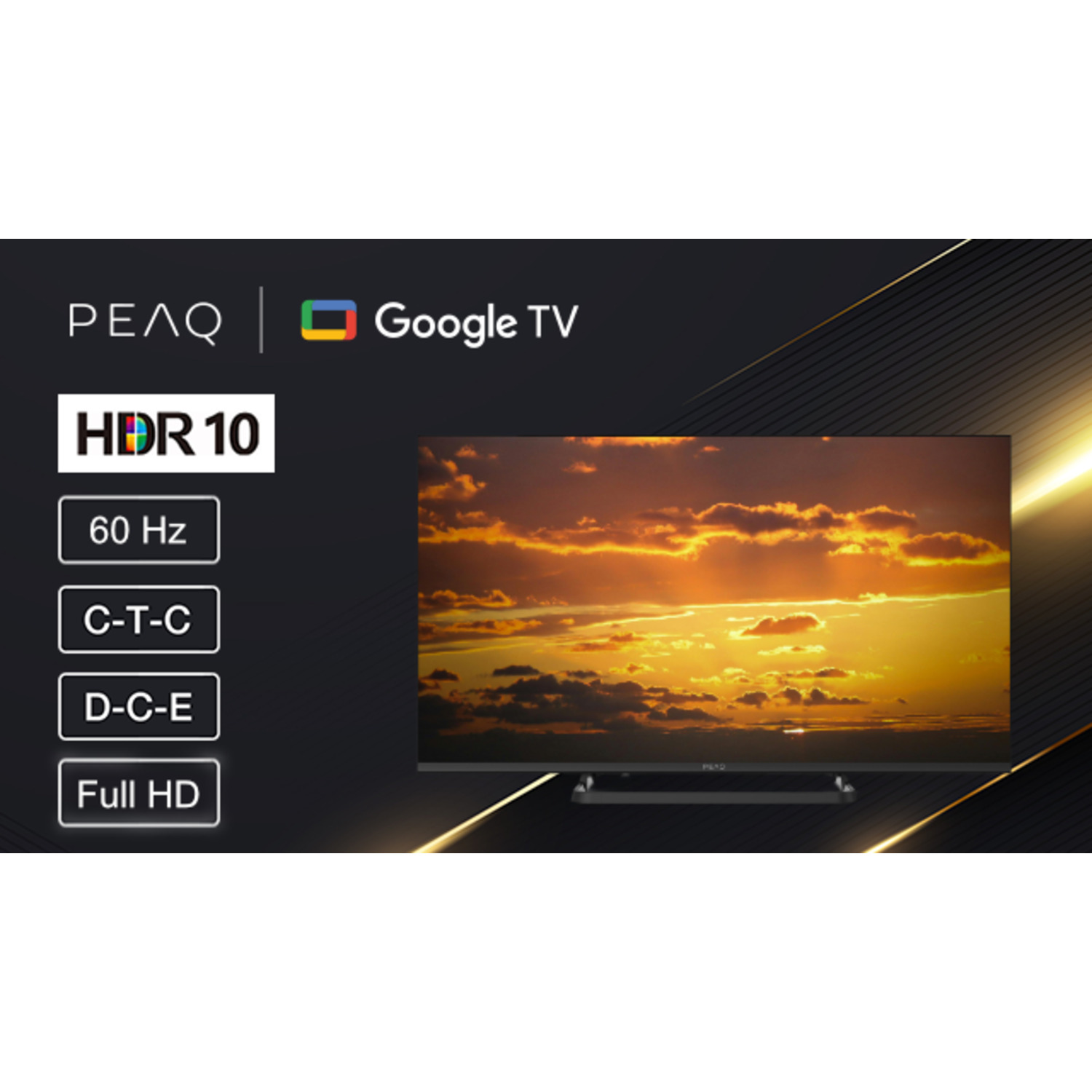 Een tv-scherm toont een zonsondergang. Logo's en technische details aan de linkerkant.