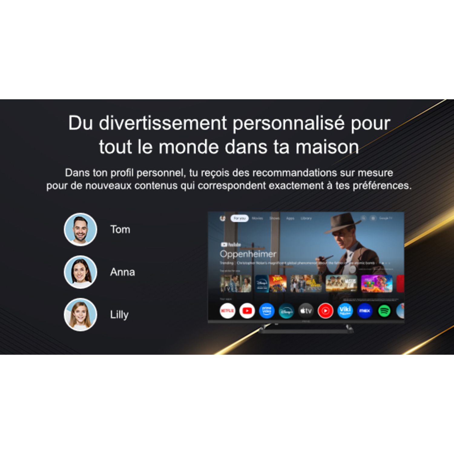 Écran de télévision affichant une interface de service de streaming, avec profils d'utilisateurs.