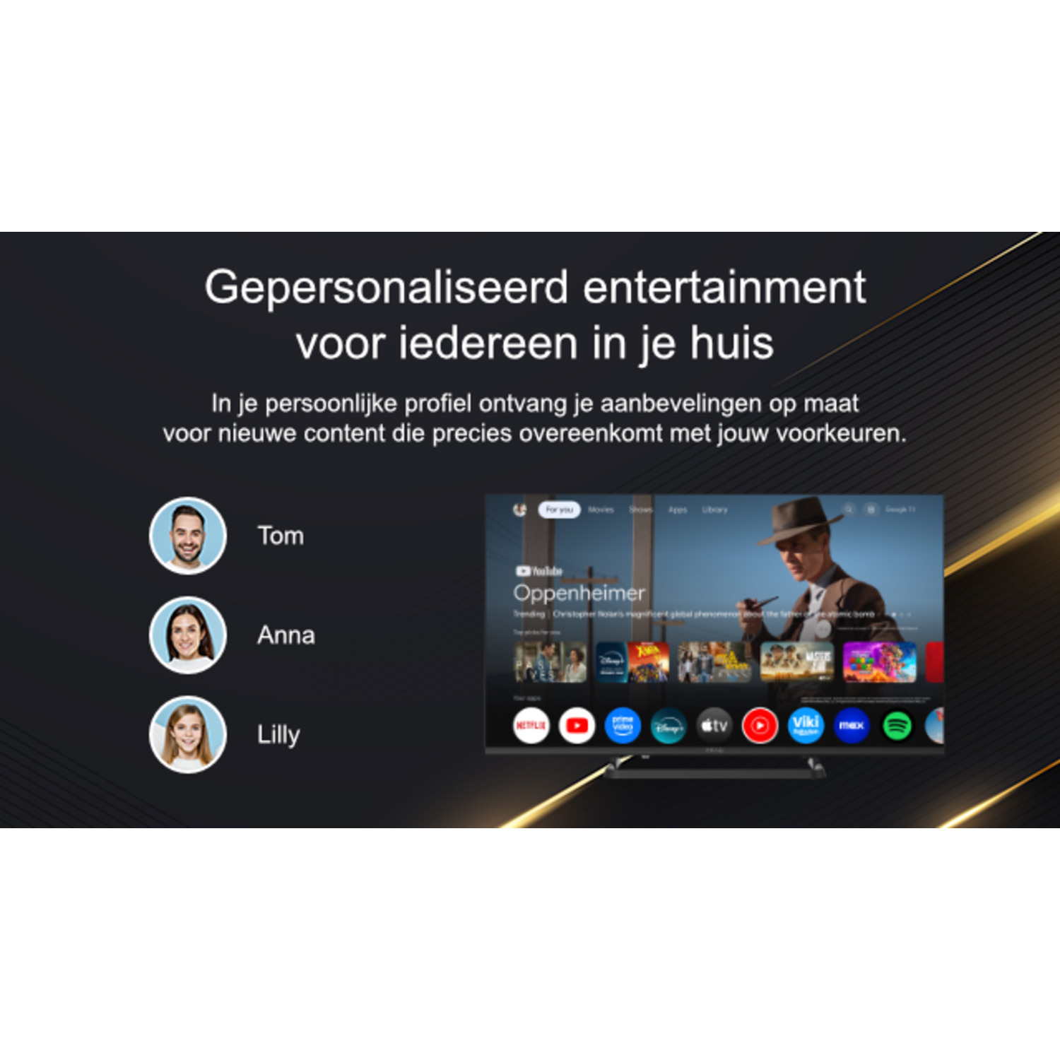 Smart-tv met streamingdiensten. Portretten van mensen staan naast de tv. De tekst luidt 'Gepersonaliseerd entertainment'.