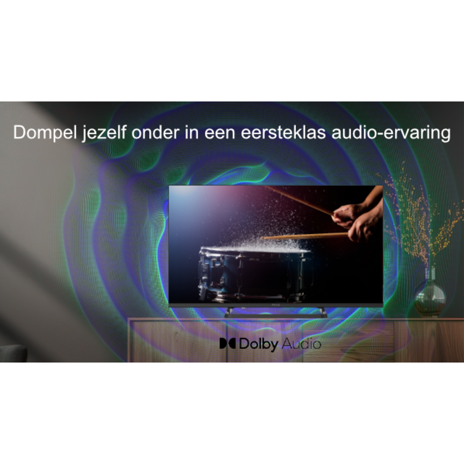 Tv-scherm met een drumstel. De achtergrond heeft een kleurrijk geluidsgolfeffect.