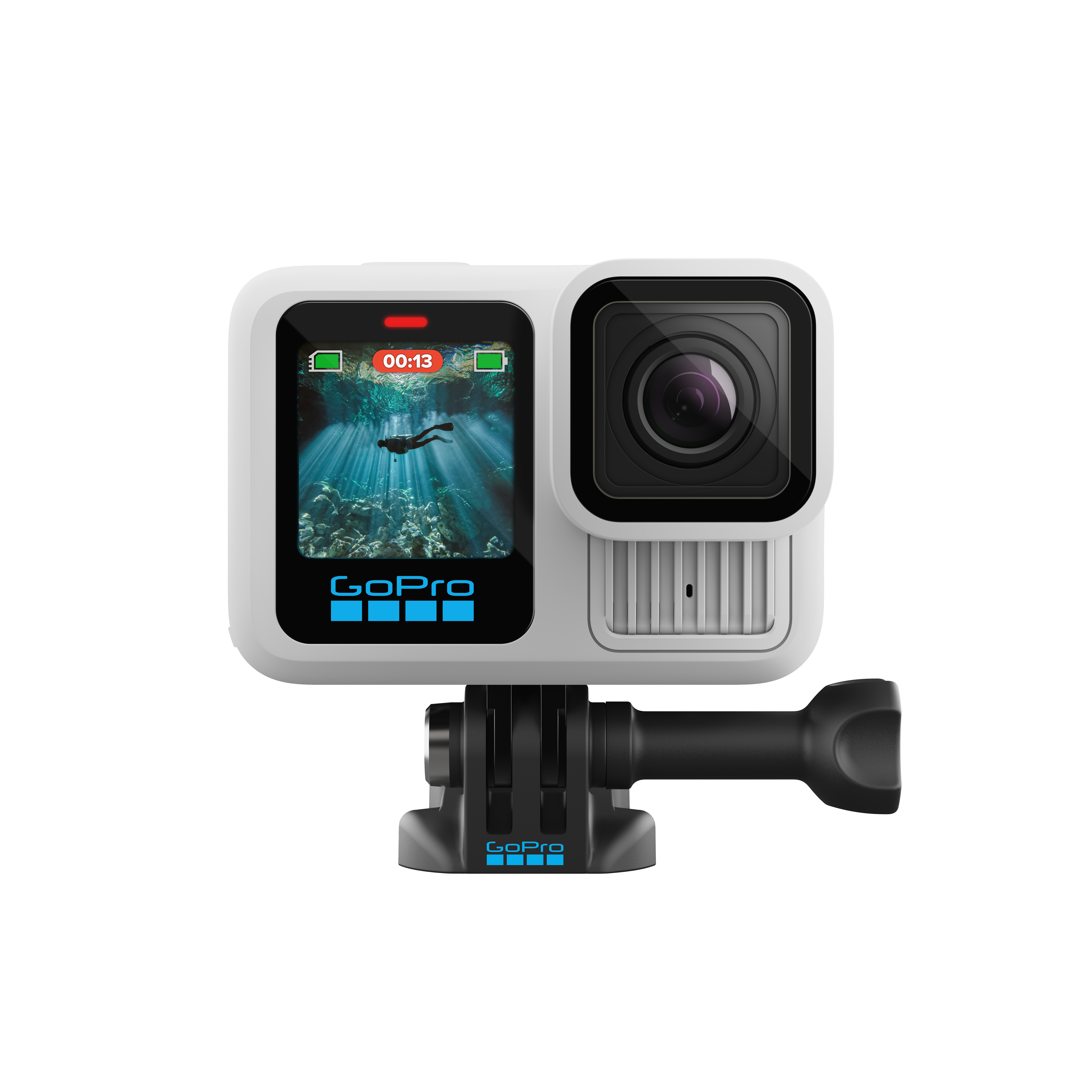 Eine weiße GoPro-Kamera mit einem Bildschirm, der eine Unterwasserszene zeigt.