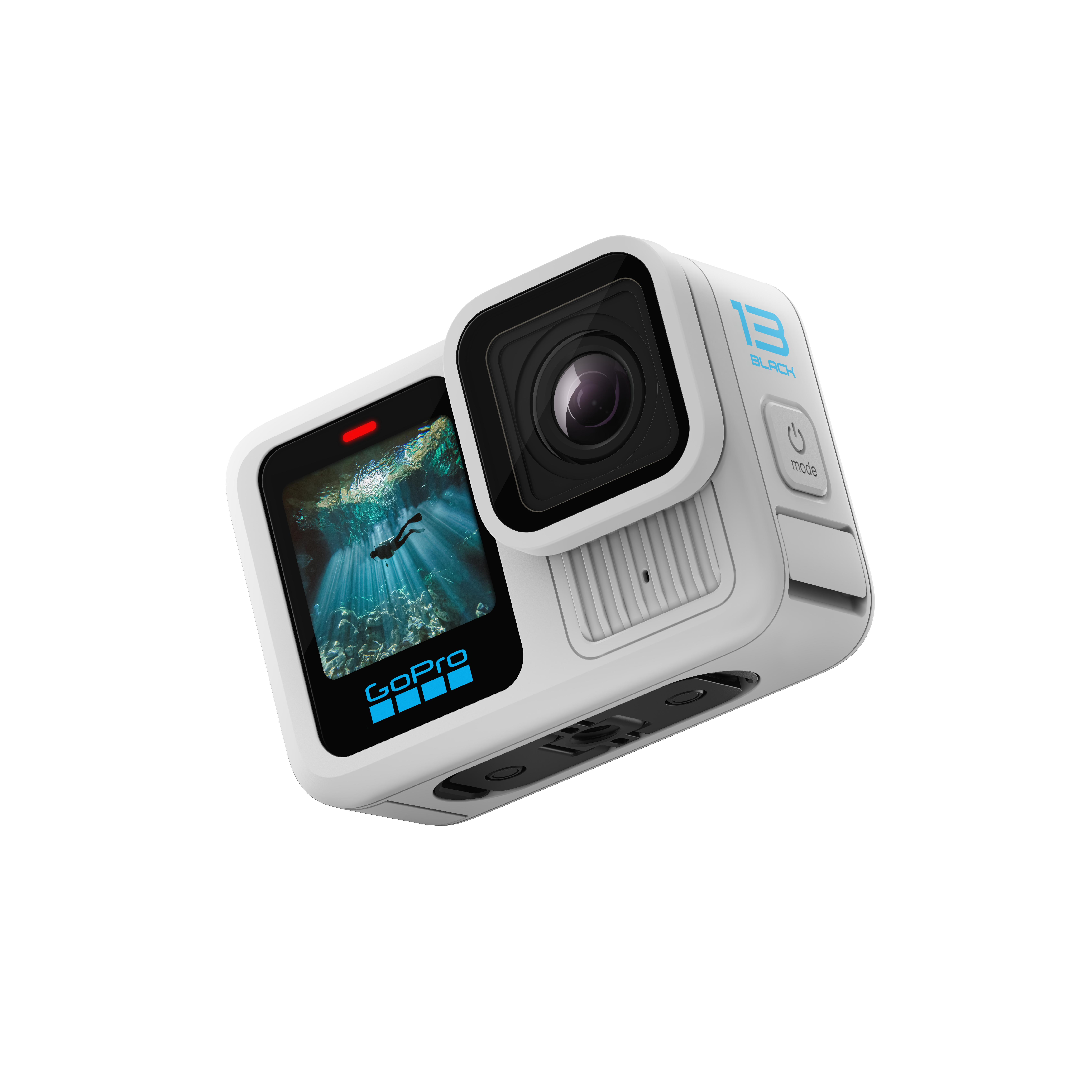 Weiße GoPro-Kamera mit schwarzem Objektiv, LCD und blauen Akzenten. Das Display zeigt eine Unterwasserszene.