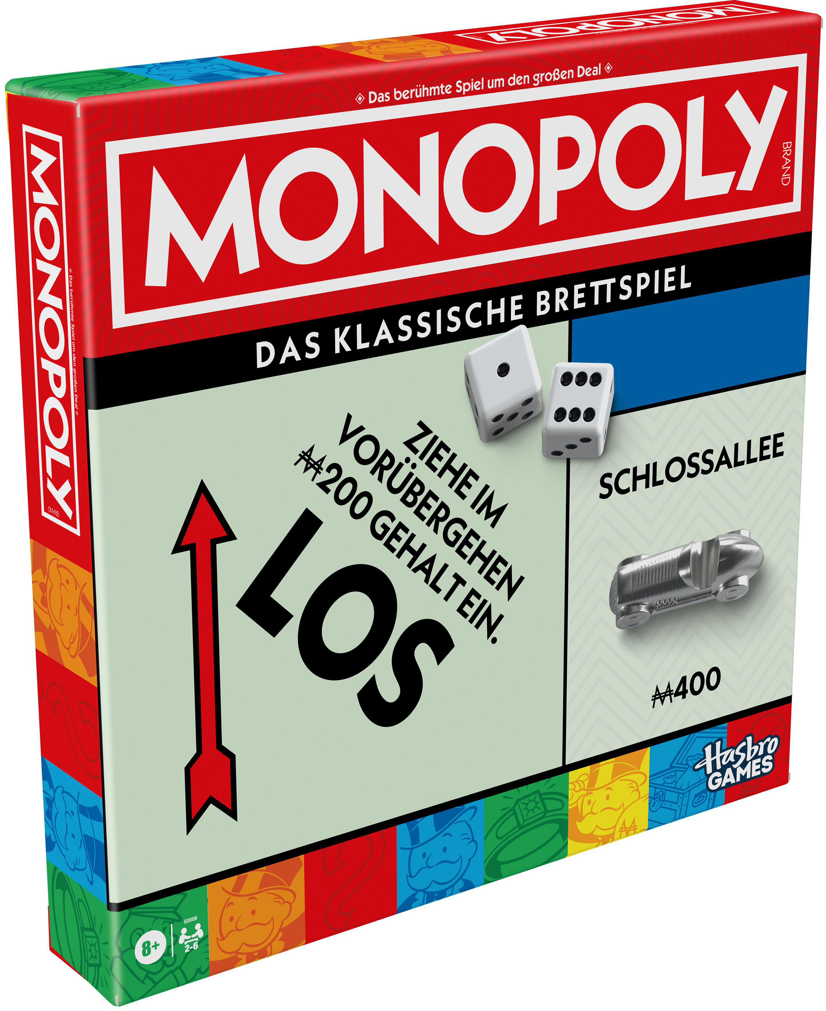 Monopoly-Brettspielbox. Rote und weiße Farben. Würfel und Figuren sind sichtbar.