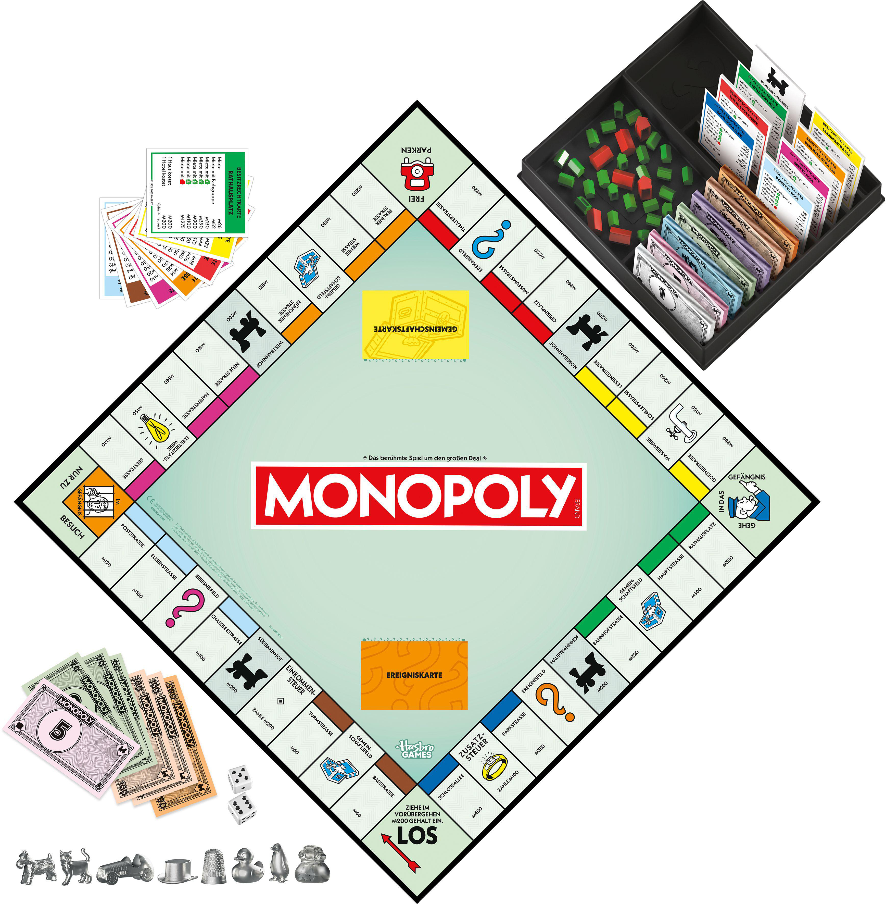 Monopoly-Brettspiel mit allen Komponenten. Karten, Geld, Würfel, Spielsteine und Eigentum.