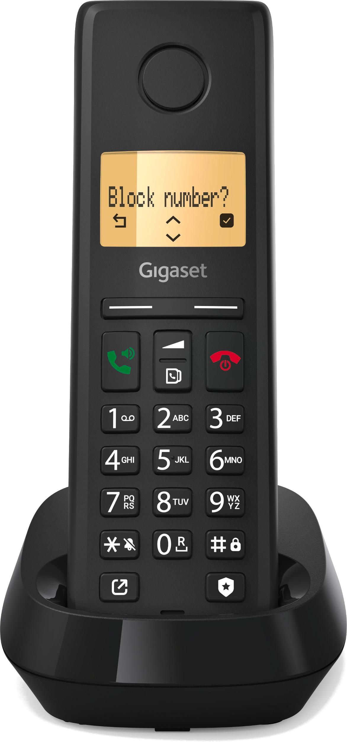 Czarny telefon bezprzewodowy Gigaset z wyświetlaczem pytającym o zablokowanie numeru.
