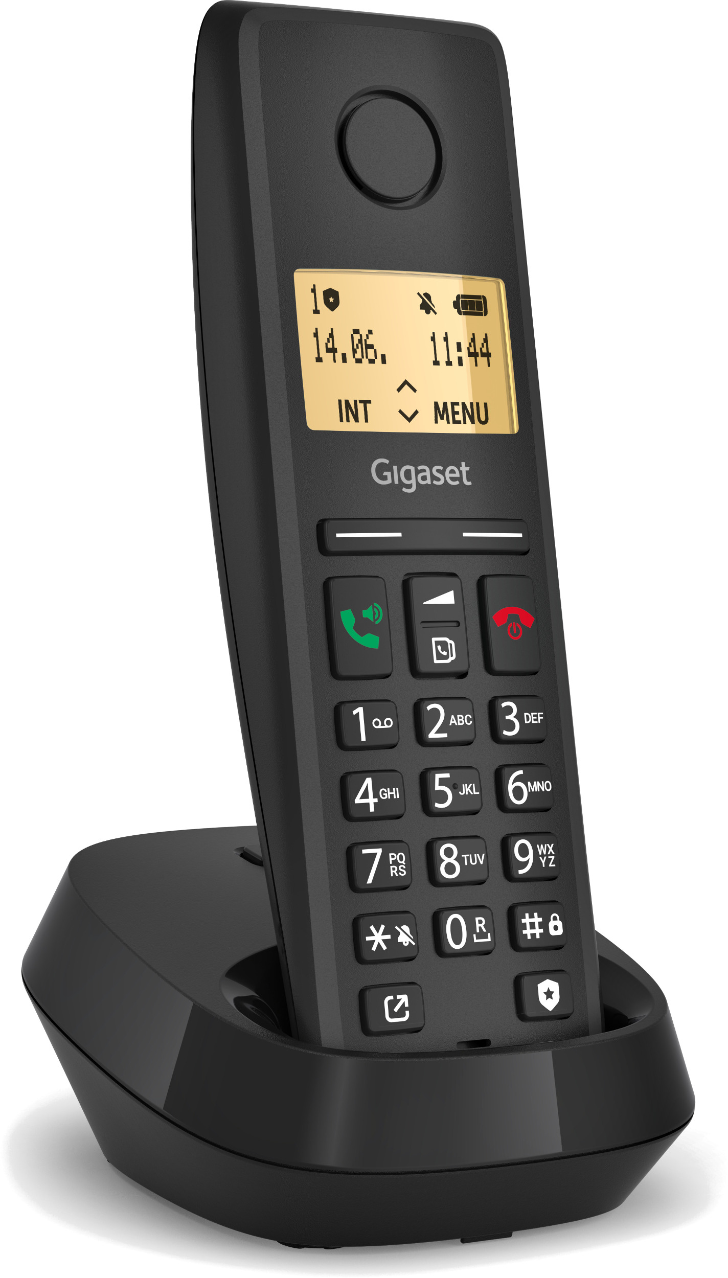 Czarny telefon bezprzewodowy na stacji ładującej. Ekran wyświetla datę i godzinę.