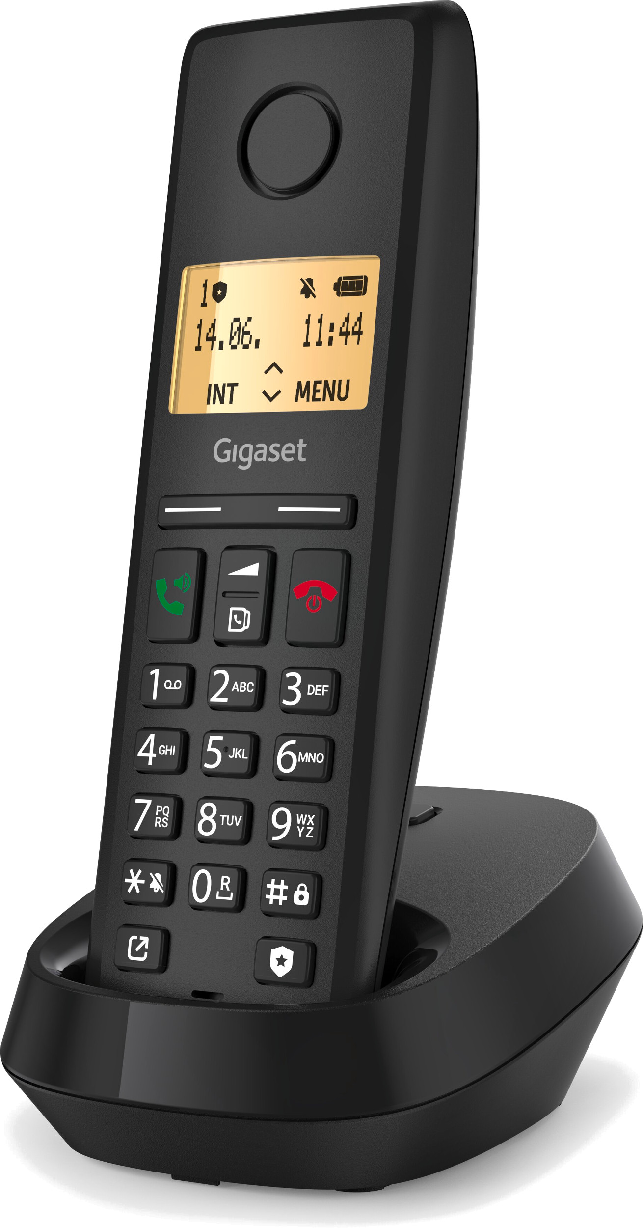 Czarny telefon bezprzewodowy na podstawie. Ekran pokazuje datę i godzinę z przyciskami numerycznymi.