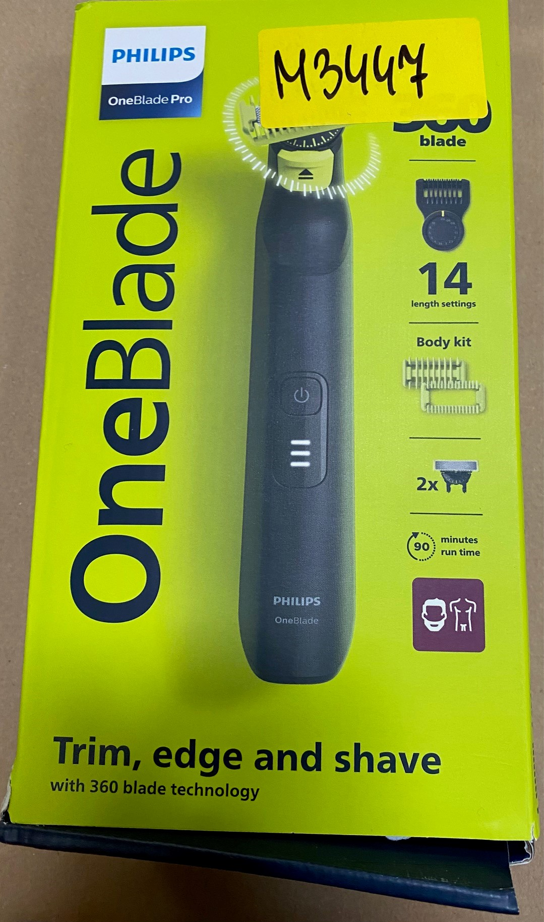 Pudełko trymera Philips OneBlade Pro. Zielone i czarne pudełko ze szczegółami produktu.