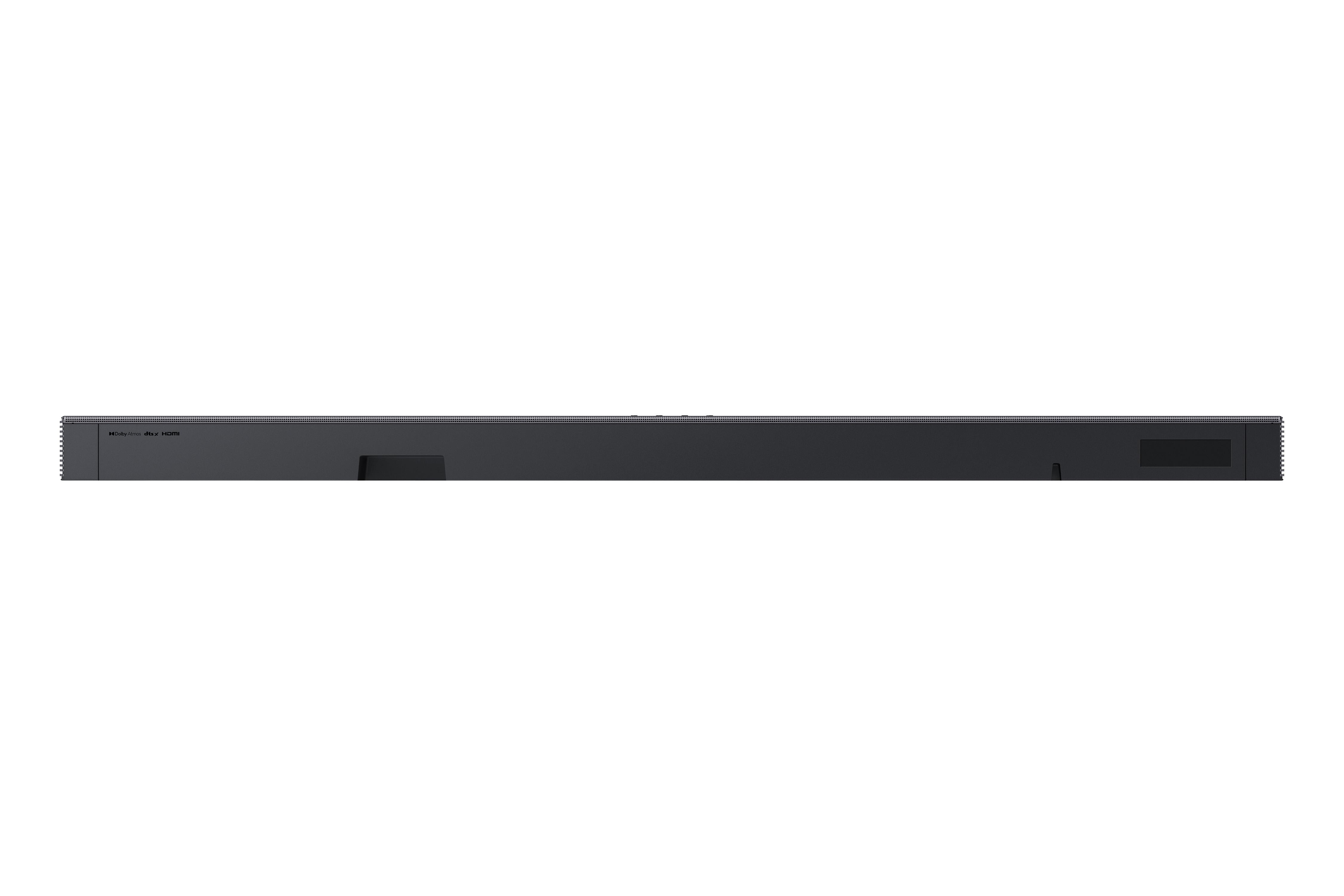 Eine schwarze Soundbar wird gezeigt. Die Soundbar hat einige Texte darauf.