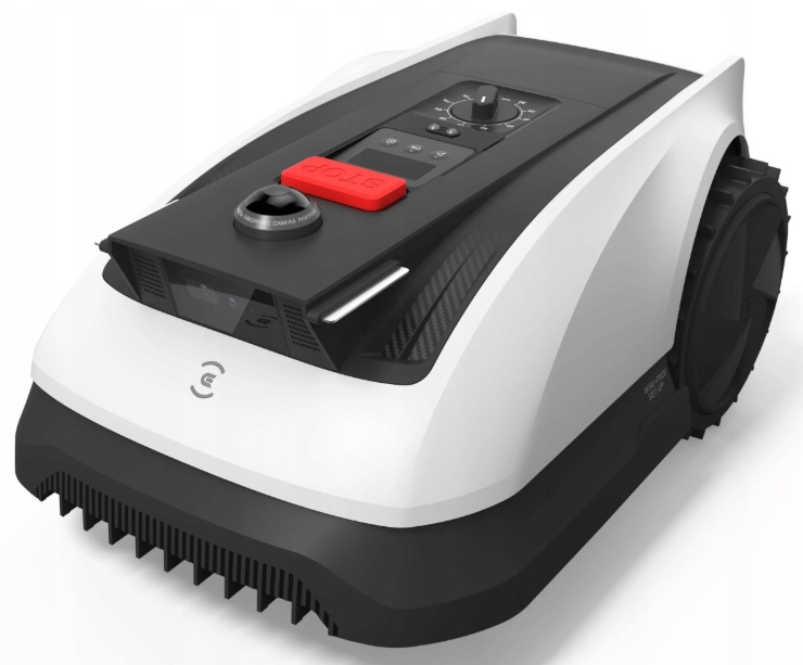 Robot koszący z kamerą i czerwonym przyciskiem stop, na białej powierzchni.