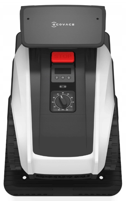 Kosiarka robot, widok z góry, czarno-biała, z czerwonym przyciskiem stop.