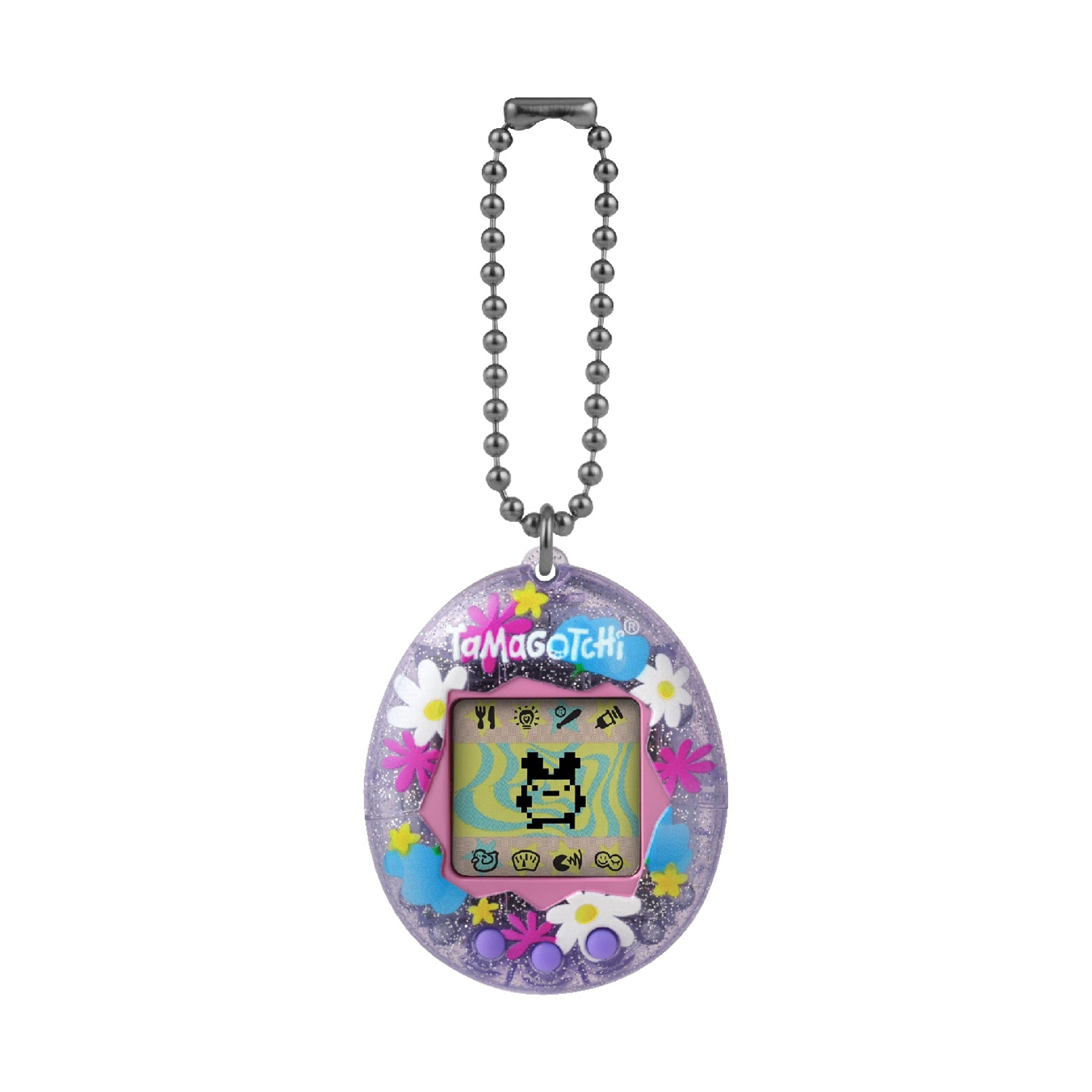 Un Tamagotchi portatile viola con fiori e uno schermo per animali domestici.