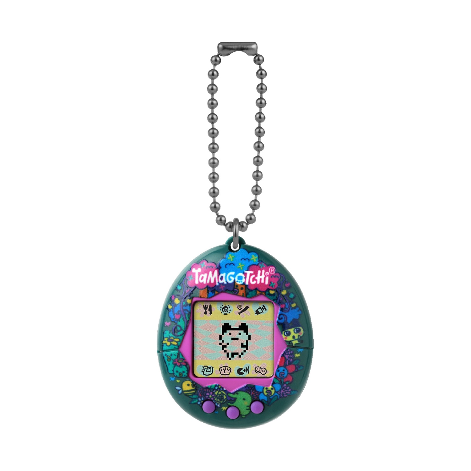 Un dispositivo Tamagotchi verde con uno schermo che mostra una creatura pixelata, appeso a una catena.